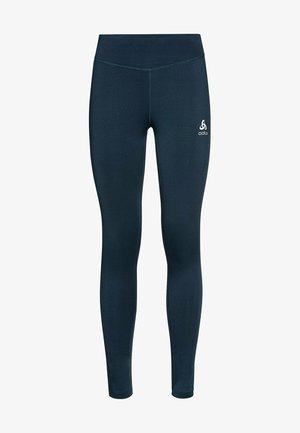Navy blue athletic leggings made from lightweight fabric. Features a high waistband, fitted design, and a small white logo on the left side.