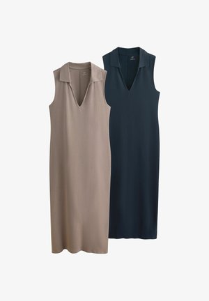 Ärmellose Strickkleider mit Kragen und V-Ausschnitt, eines in Taupe und eines in Marineblau, nebeneinander dargestellt.