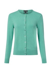 Lichtgroene cardigan van een zachte gebreide stof, met een ronde hals, lange mouwen en een volledige knoopsluiting aan de voorkant met zilverkleurige knopen.