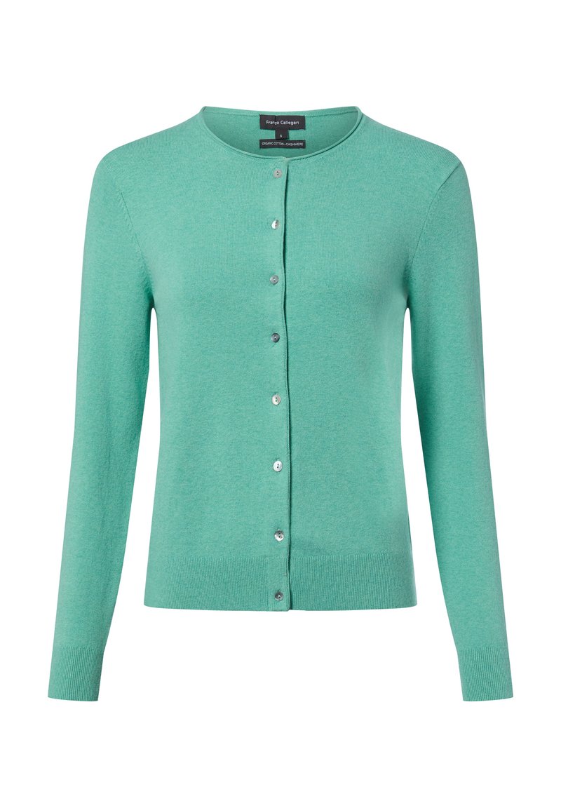 Lichtgroene cardigan van een zachte gebreide stof, met een ronde hals, lange mouwen en een volledige knoopsluiting aan de voorkant met zilverkleurige knopen.