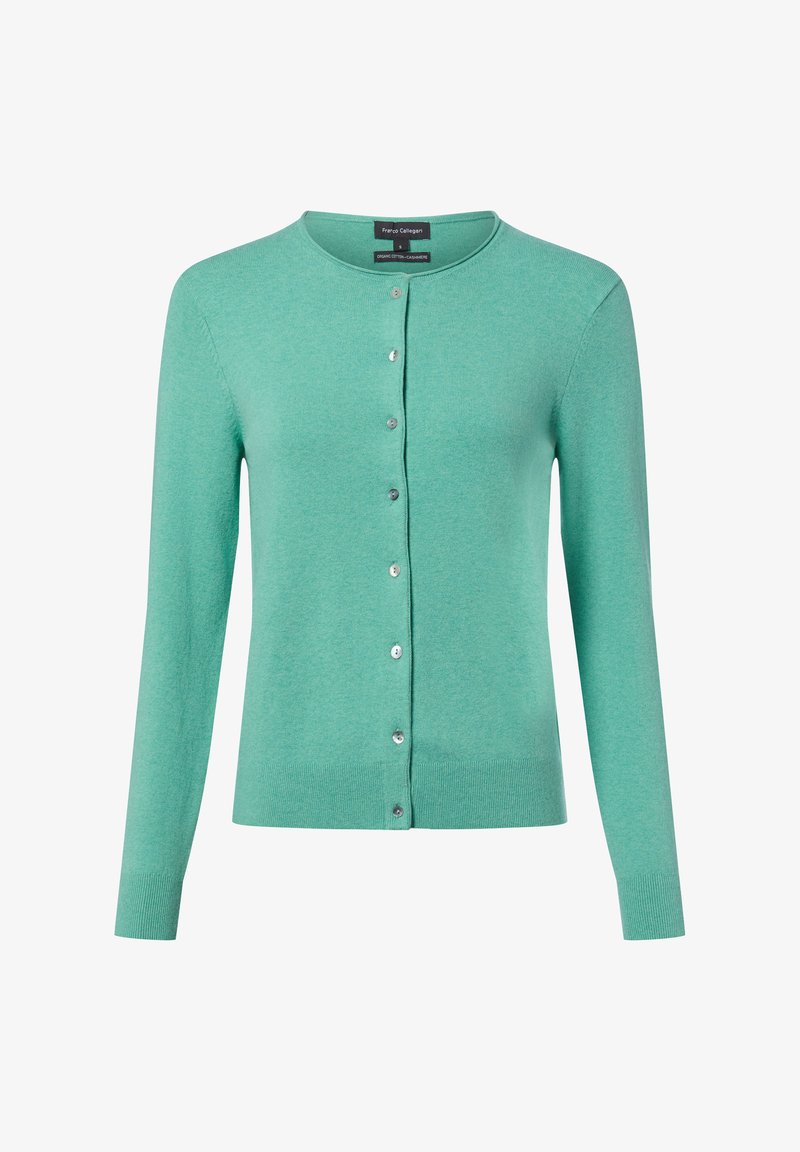 Lichtgroene cardigan van een zachte gebreide stof, met een ronde hals, lange mouwen en een volledige knoopsluiting aan de voorkant met zilverkleurige knopen.