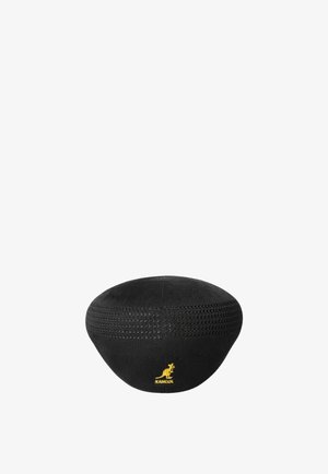 Black knitted Kangol beret with small yellow kangaroo logo embroidered on front center.