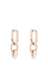 Ohrringe aus Roségold mit miteinander verbundenen kreisförmigen und ovalen Formen, die eine glatte, polierte Oberfläche haben und keine sichtbaren Muster oder Akzente aufweisen.