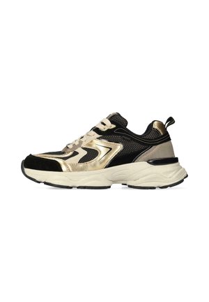 Black and gold athletic shoe with mesh and suede textures, rounded toe, thick beige sole, and contrasting detailing on the upper.