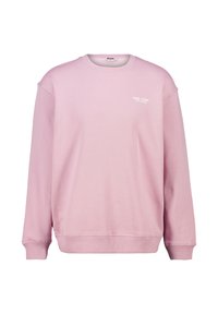 Felpa rosa realizzata in misto cotone, con colletto tondo, spalle scese e una piccola stampa "New York" bianca sul petto.