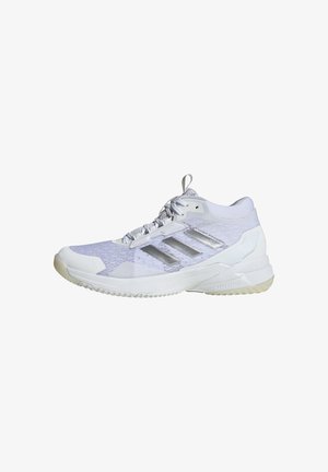 White athletic sneaker with mesh and synthetic materials, featuring three metallic silver stripes, textured sole, and padded collar.
