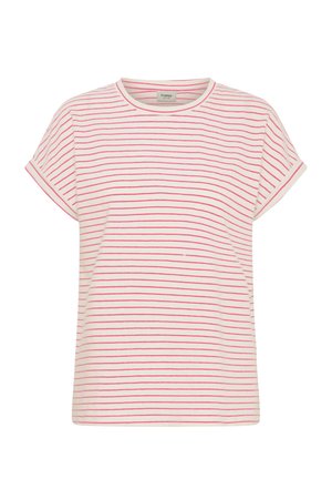 Bijela majica kratkih rukava s tankim horizontalnim ružičastim prugama i okruglim izrezom na vratu.