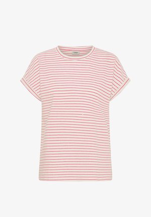 Fehér rövid ujjú póló vékony, vízszintes rózsaszín csíkokkal és kerek nyakkivágással.