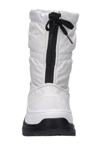 Hvide isolerede sneboots med kviltet tekstur, sort sidezipper og justerbar sort snor øverst. Gummisål for bedre greb.