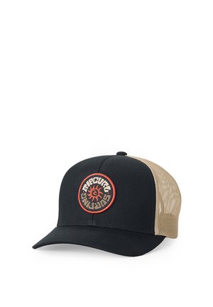 Gorra trucker de malla negra y beige con visera curva y parche circular con el logo Rip Curl Surfing que presenta un diseño de sol en el panel frontal.