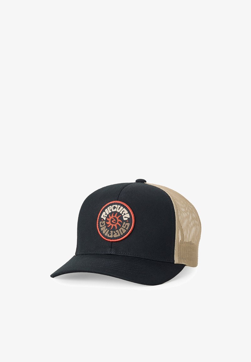 Zwart- en beige gaas truckerpet met gebogen klep en een ronde Rip Curl Surfing logo patch met een zondesign op het voorpaneel.