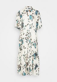 Robe midi blanche avec imprimé floral bleu, noir et marron, manches courtes bouffantes, boutonnage sur le devant et jupe à volants froncée.