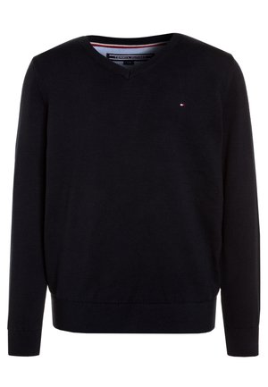 Maglione marinano a maglia con scollo a V, polsini e orlo a coste, con un piccolo logo sul petto e un colletto interno a contrasto.