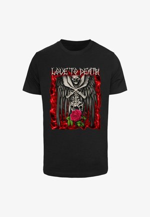 Must musternärk, millel on ees suur graafika luustiku figuurist tiibadega, mille ümber on punased leegid ja roosa roos.