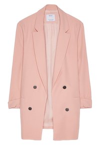 Ljusrosa kavaj, dubbelknäppt design, slagkrage, två svarta knappar, sidofickor, mjukt tyg och uppvikta ärmar.