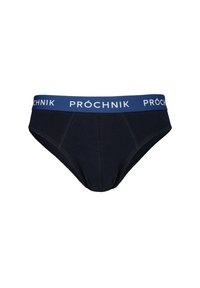 Granatowe bawełniane slipy z niebieską gumką z białym napisem "PROČHNIK". Zaprojektowane z myślą o komforcie, w klasycznym kroju.