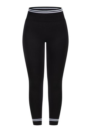 Schwarze Leggings mit einem hohen Bund, der oben und am unteren Saum drei horizontale Streifen in Weiß und Hellblau zeigt. Glatte Textur.