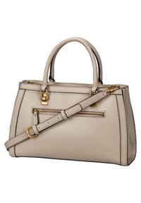 Sac à main en cuir beige avec double poignées, une poche zippée sur le devant et une bandoulière réglable avec des accessoires en métal doré.
