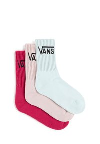 Tre par ribbede sokker med et logo, i pink, lyserød og lyseblå. Blandt af bomuld, ankellængde, med en tekstureret overflade.