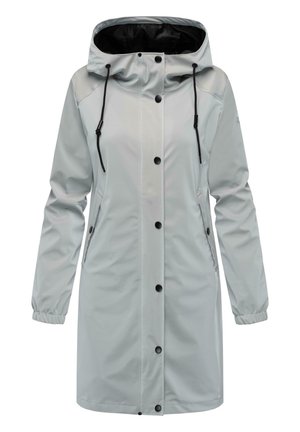 Giacca impermeabile grigia chiara, con cappuccio regolabile, bottoni frontali e tasche laterali. Texture liscia e polsini elasticizzati.