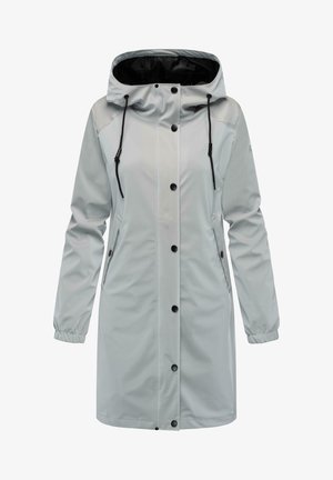Jachetă impermeabilă de culoare gri deschis, cu glugă dotată cu șnururi de ajustare, butoane frontale și buzunare laterale. Textură netedă și manșete elastice.