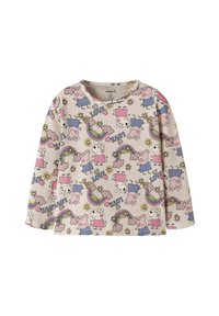 Dziecięca koszulka z długim rękawem z jasnobeżowej bawełny z kolorowym wzorem z postaciami z kreskówek, tęczami, sercami i kwiatami.