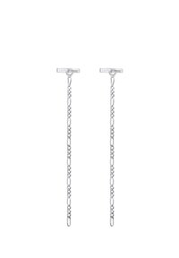 Boucles d'oreilles en chaîne argentée avec un design fin et allongé, présentant des maillons entrelacés et une tige de bar minimiste pour un maintien sécurisé.