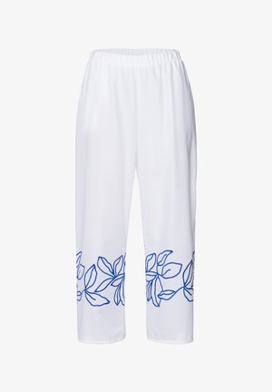 Hvide bukser med elastisk talje, der har broderi af blåt bladmønster langs kanten. Letvægtigt stof, straight-leg design.