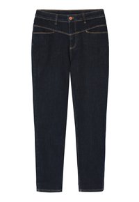 Jeans din denim de culoare albastru închis, cu o formă ajustată, prezentând cusături portocalii, două buzunare frontale și o închidere cu un singur buton la talie.
