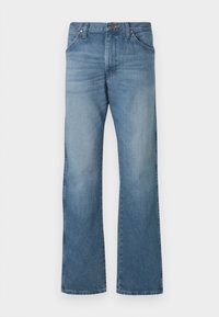 Svetlo modri denim kavbojki z ravnim krojem nogavic, ki imajo pet žepov, gumbno zapiranje in subtilno zbledelost za vintage videz.