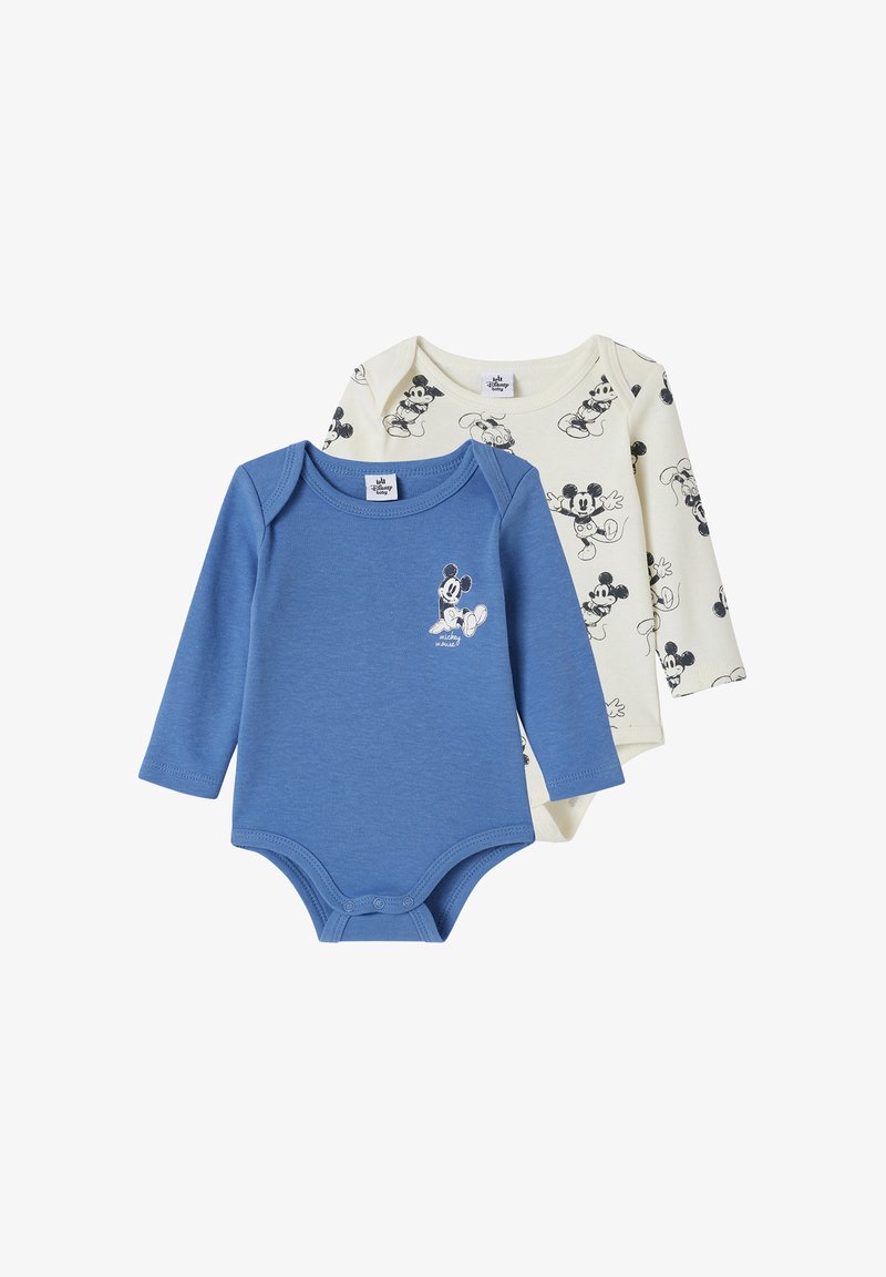 Zwei Langarmbodysuits: einer in Blau mit einem Mickey-Mouse-Print, der andere in Creme mit schwarzen Mickey-Mouse-Mustern. Aus weichem Baumwollmaterial.
