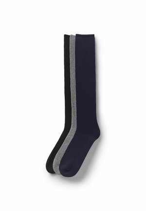 Set aus drei knielangen Socken in Schwarz, Marineblau und Grau. Hergestellt aus weichem Stoff mit glatter Textur und kontrastierenden Bündchenakzenten.