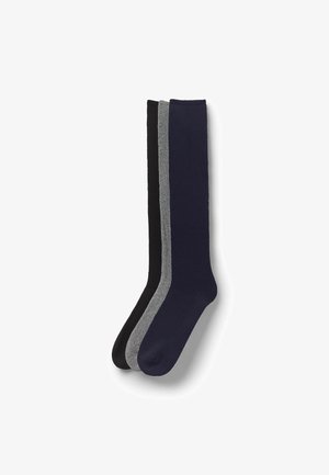 Conjunto de tres calcetines hasta la rodilla en negro, azul marino y gris. Fabricados con una tela suave y de textura lisa, con acentos de puño en contraste.