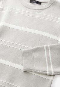 Pull gris clair avec des rayures blanches horizontales, encolure ronde et poignets côtelés. Texture tricotée douce avec des détails subtils.