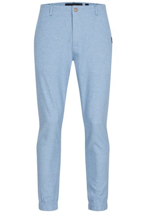 Lichtblauwe broek van een gestructureerde stof, met een knopsluiting aan de voorkant, elastische boorden en een slim-fit ontwerp.