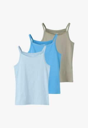 Trois débardeurs sans manches pour filles en bleu clair, bleu moyen et beige, disposés en chevauchement sur fond blanc.