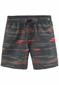 Swim trunks in a color-block pattern featuring black, gray, and red. Made from lightweight material with an elastic waistband and drawstring.