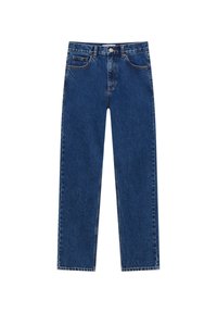 Jean droit bleu en denim avec bouton et fermeture éclair à l'avant, passants de ceinture et design à cinq poches sur fond blanc.
