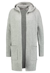 Light gray, hooded cardigan with a textured knit pattern. Features two front pockets and ribbed cuffs and hem. Open front design.