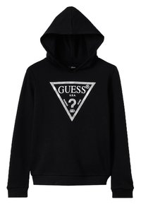 Czarna bluza z kapturem z trójkątnym srebrnym logo z napisem "GUESS U.S.A." oraz znakiem zapytania. Wykonana z miękkiego materiału, z kapturem na sznurki.