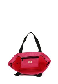 Borsa a tracolla in tessuto rosa con manici neri, tasca interna con zip e patch con logo. Texture liscia, ampia apertura e design resistente.