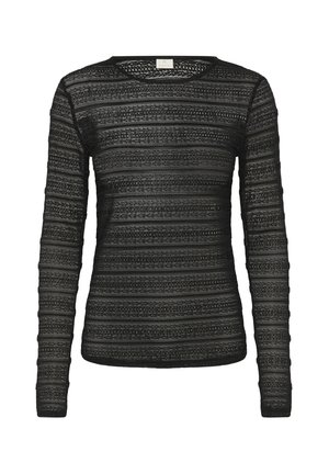 Črn dolgi pulover z dolgimi rokavi iz teksturirane pletene tkanine, z vodoravnimi črtami in čolnastim izrezom. Polprosojni detajli po celotni površini.
