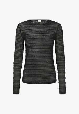 Mustakirjaline pikavarrukaga sviiter, mis on valmistatud tekstureeritud kudumkangast, horisontaalsete triipudega ja laeva kaelusega. Osaliselt läbipaistvate detailidega kogu ulatuses.