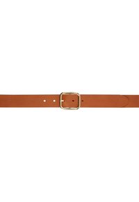 Ceinture en cuir marron avec une boucle métallique carrée de couleur or et plusieurs trous pour les ajustements, avec une texture lisse et un design minimaliste.