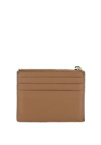 Brown leather wallet card holder with a zip pocket, featuring four card slots and smooth texture. Compact rectangular shape.