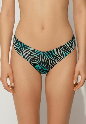 Bas de bikini en turquoise et noir avec un motif zèbre, présentant une coupe taille basse et un tissu lisse et extensible.