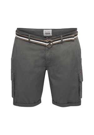Gray cargo shorts with a woven belt featuring brown and white stripes. Includes side pockets and a straight cut design.