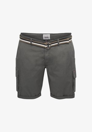 Gray cargo shorts with a woven belt featuring brown and white stripes. Includes side pockets and a straight cut design.