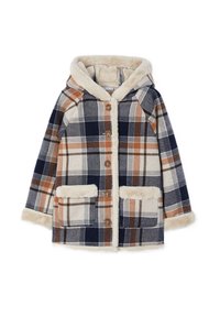 Cappotto a quadri in navy, beige e ruggine. Chiusura con bottoni, cappuccio, morbida fodera in pelliccia e tasche applicate con bordo in pelliccia. Forma rilassata, texture calda.