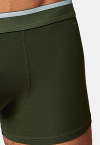 Gröna bomullskalsonger med ett ljusblått elastiskt midjeband. Har en tät passform och en mjuk yta, synliga sömmar vid kanterna.